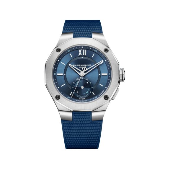 Baume et Mercier Riviera mit Edelstahlgehäuse, Kautschukband und blauem Zifferblatt