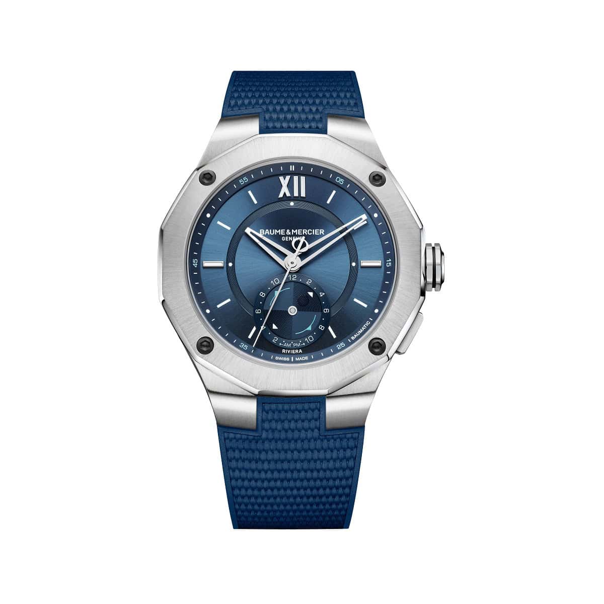 Baume et Mercier Riviera mit Edelstahlgehäuse, Kautschukband und blauem Zifferblatt