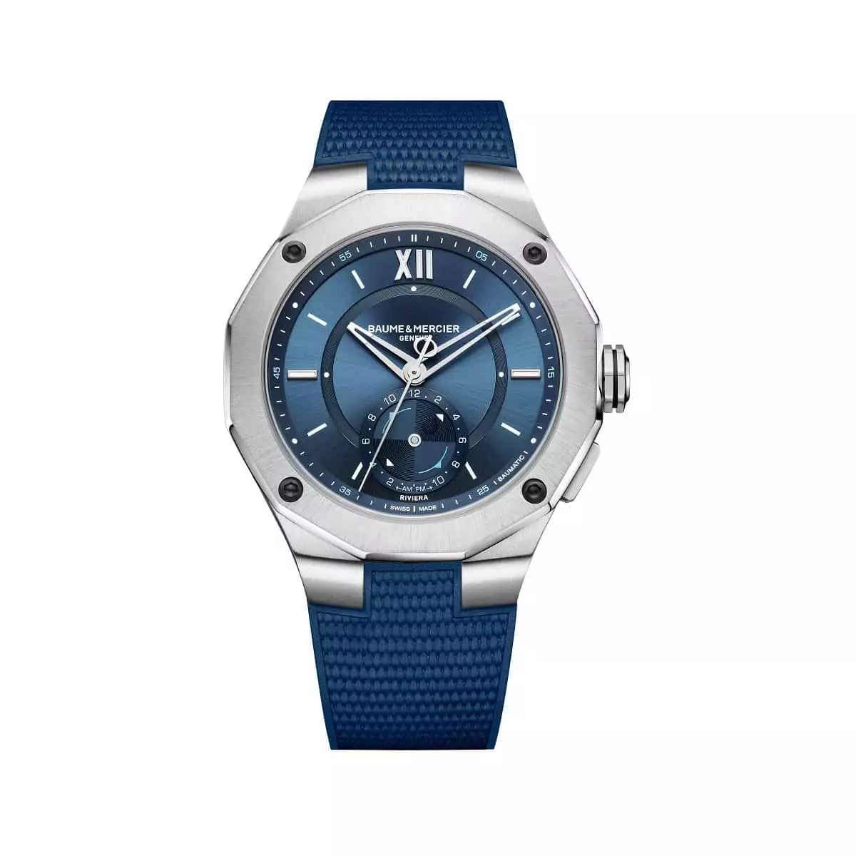Baume et Mercier Riviera mit Edelstahlgehäuse, Kautschukband und blauem Zifferblatt