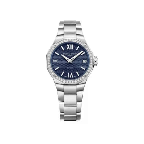 Baume et Mercier Riviera Gehäuse und Band aus Edelstahl, Diamanten und blauem Zifferblatt