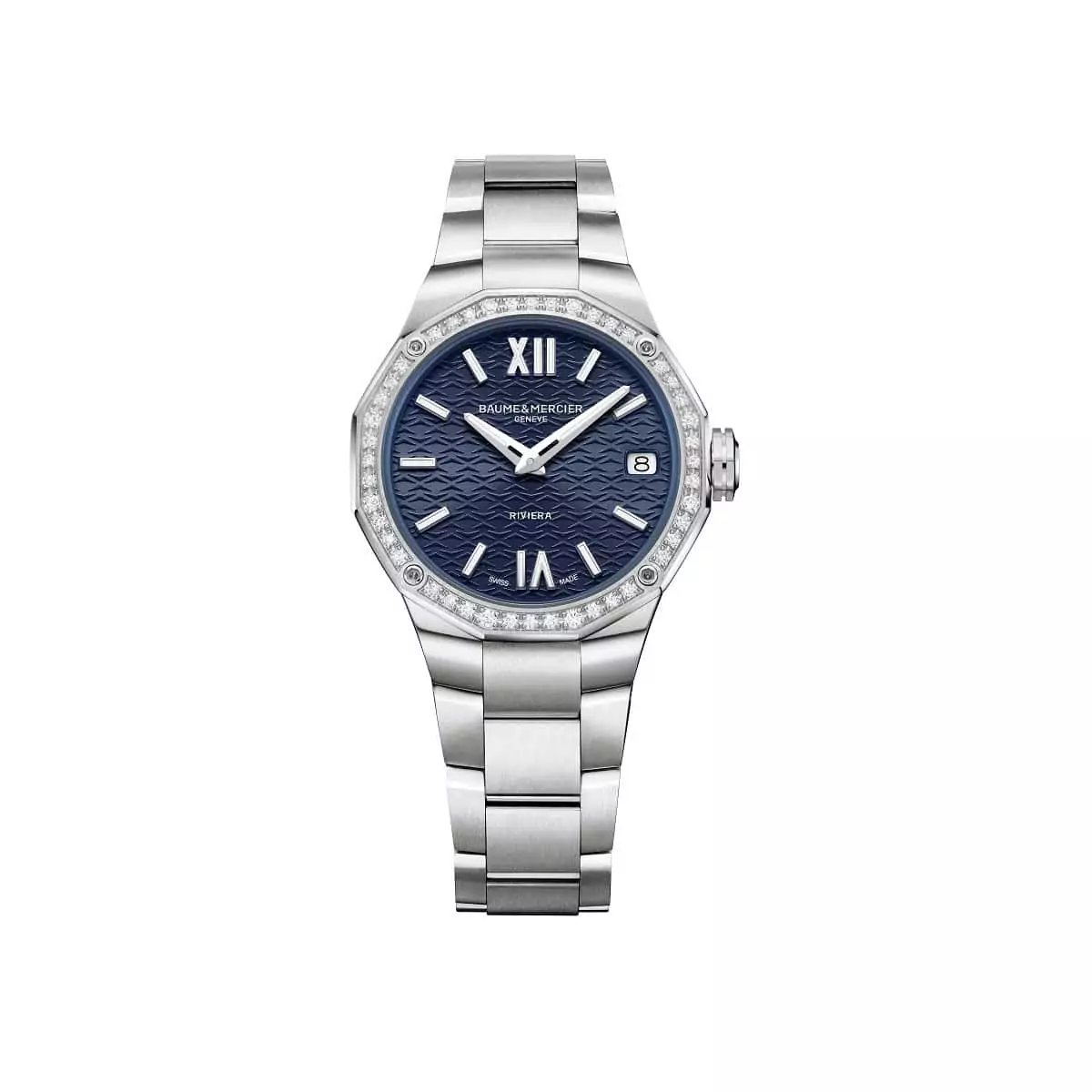 Baume et Mercier Riviera Gehäuse und Band aus Edelstahl, Diamanten und blauem Zifferblatt