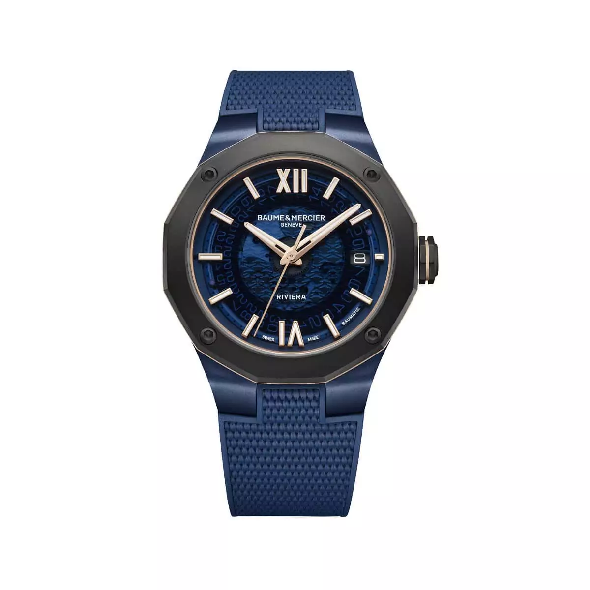 Baume et Mercier Riviera Edelstahlgehäuse, Kautschukband und blauem Zifferblatt