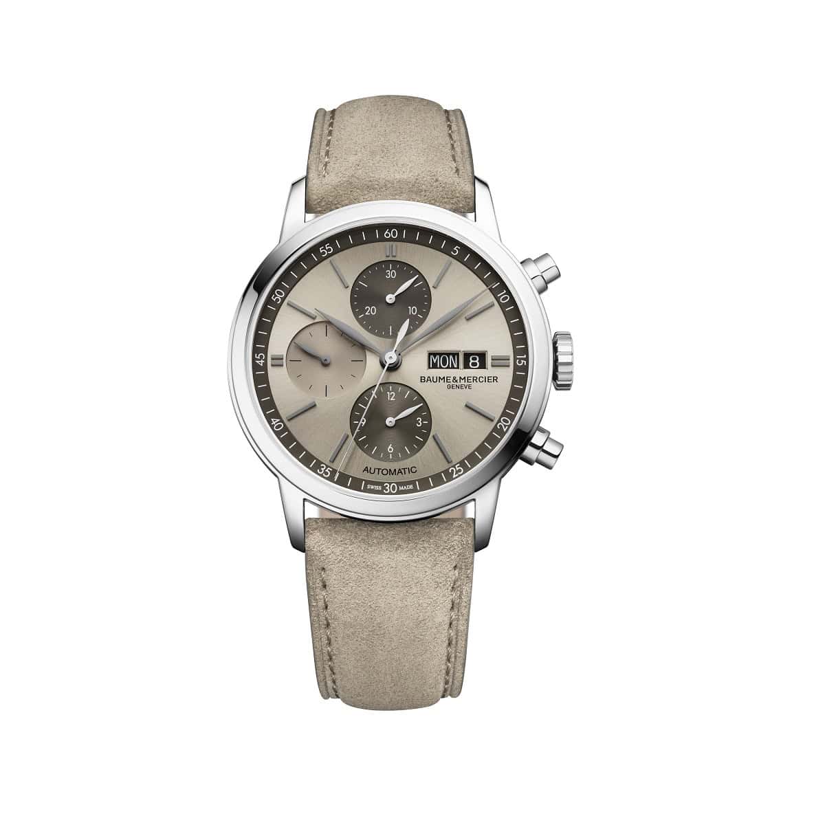 Baume et Mercier Classima mit Edelstahlgehäuse, Lederband und grauem Zifferblatt