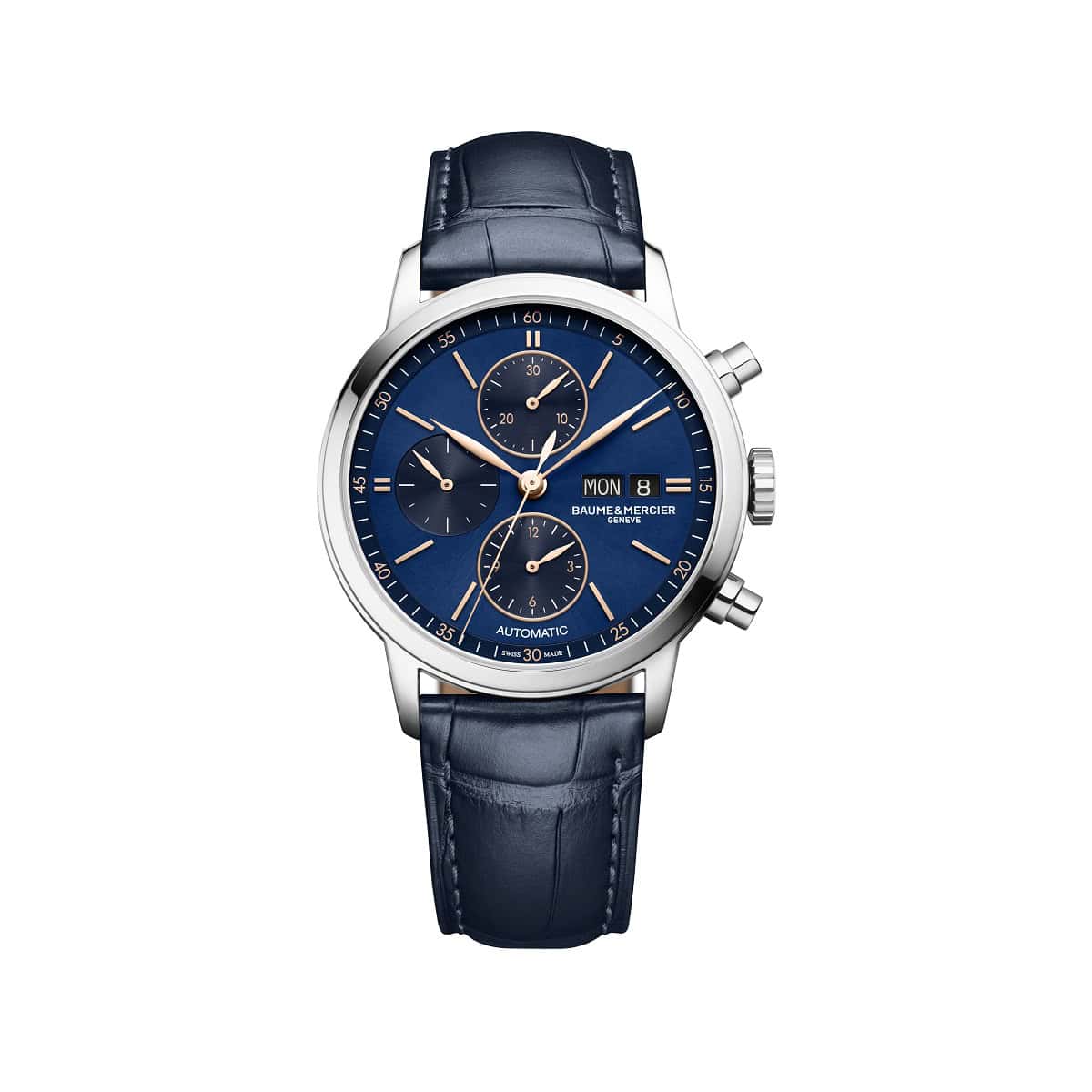 Baume et Mercier Classima mit Edelstahlgehäuse, Lederband und blauem Zifferblatt