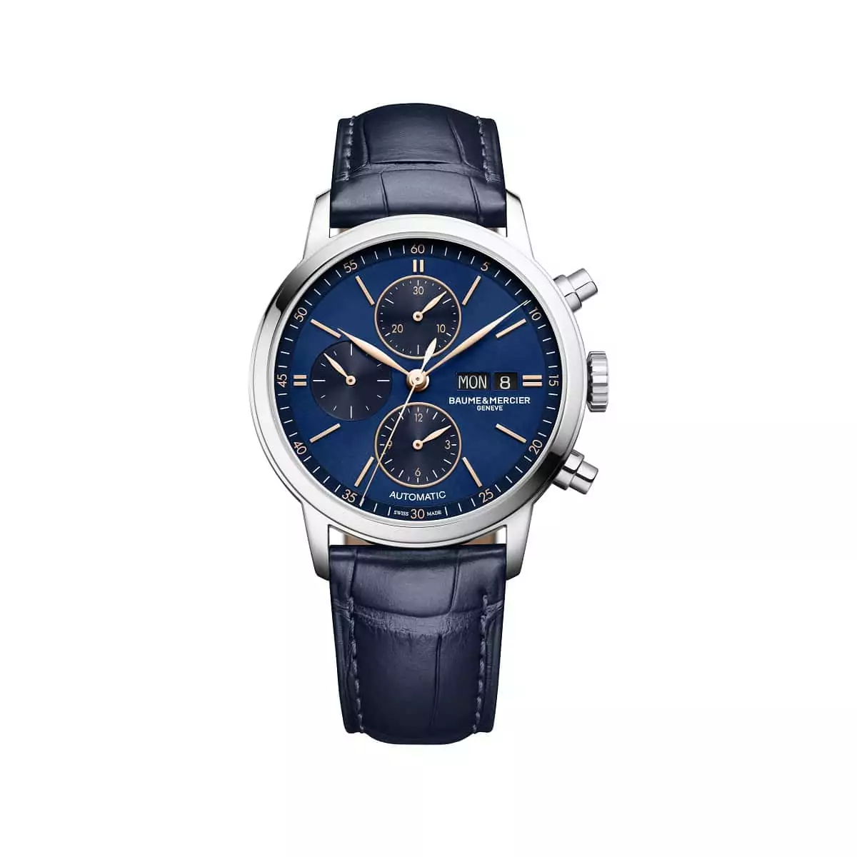 Baume et Mercier Classima mit Edelstahlgehäuse, Lederband und blauem Zifferblatt