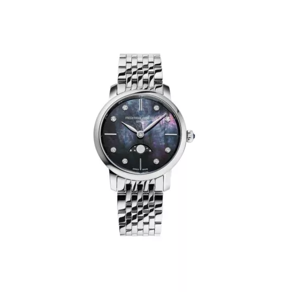 Frederique Constant Slimline Ladies Moonphase mit Gehäuse und Band aus Edelstahl und Perlmutt-Zifferblatt