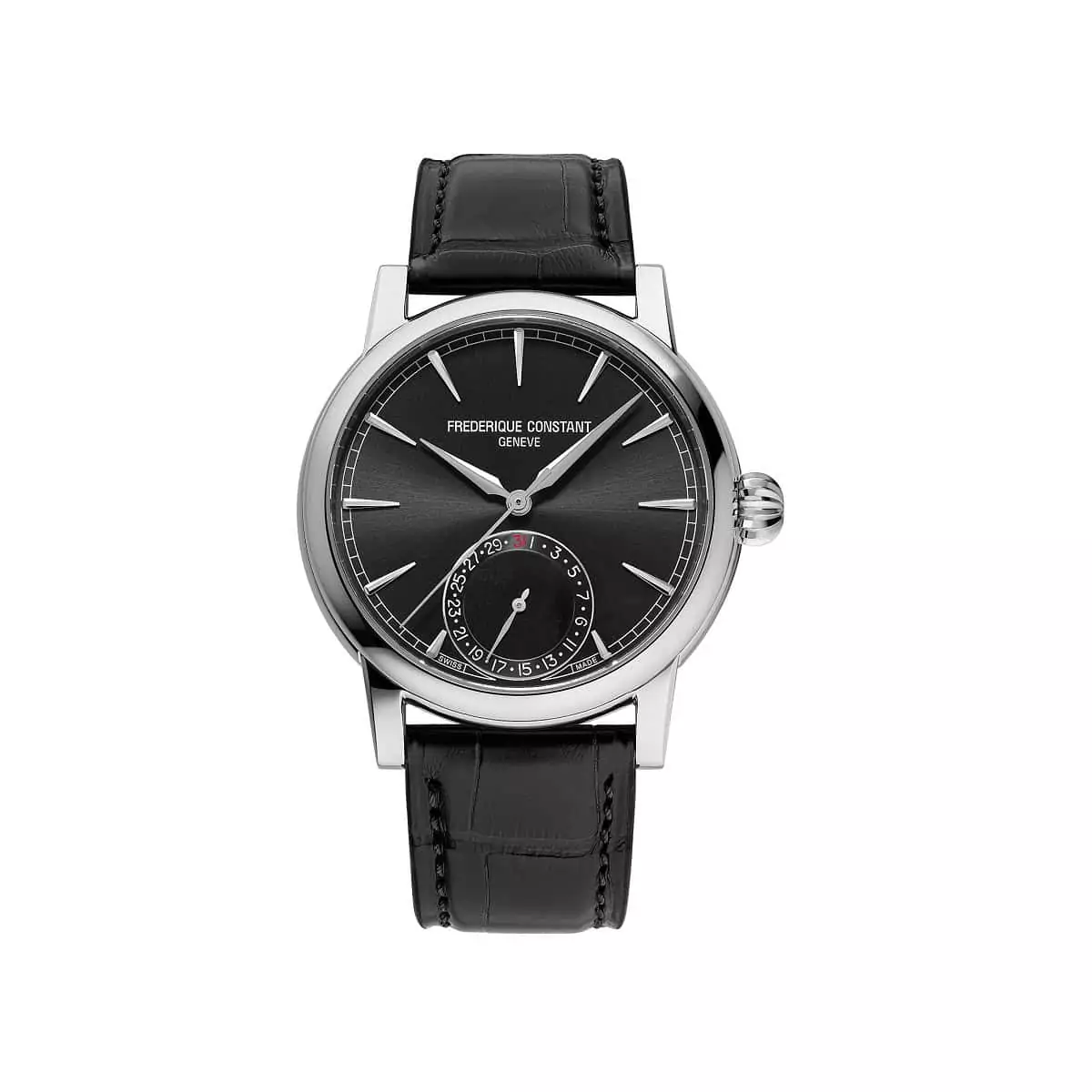 Frederique Constant Manufacture Classic Date mit Edelstahlgehäuse und Lederband und schwarzem Zifferblatt