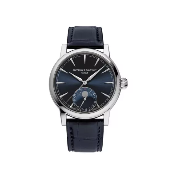 Frederique Constant Manufacture Classic Moonphase Date mit Edelstahlgehäuse und Lederband und blauem Zifferblatt