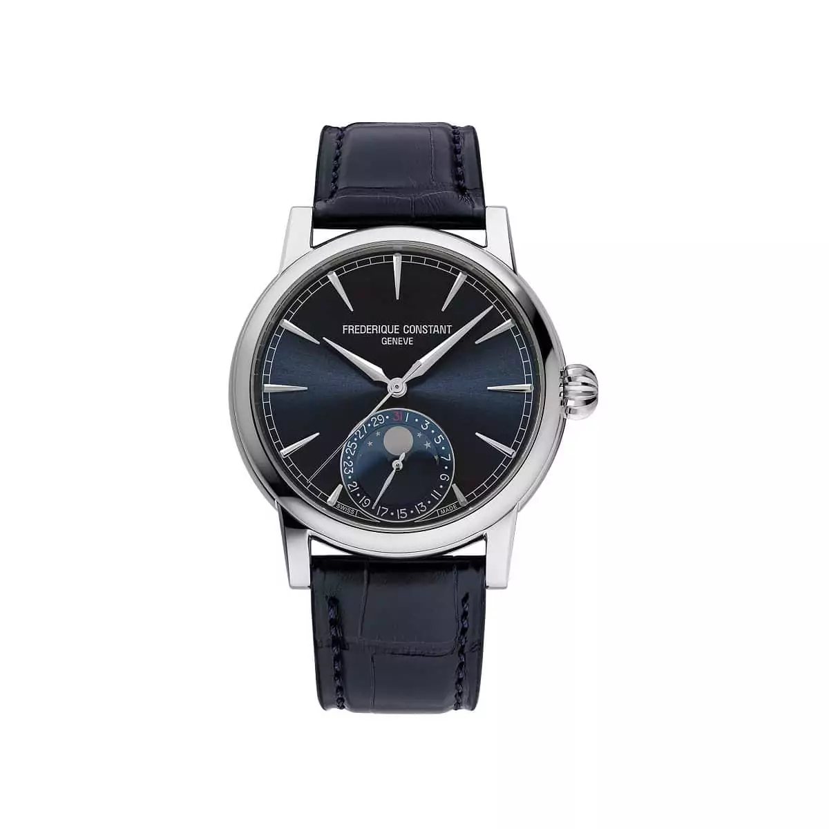 Frederique Constant Manufacture Classic Moonphase Date mit Edelstahlgehäuse und Lederband und blauem Zifferblatt