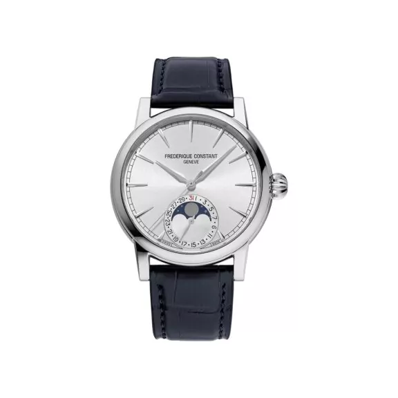 Frederique Constant Manufacture Classic Moonphase Date mit Edelstahlgehäuse und Lederband und silbernem Zifferblatt
