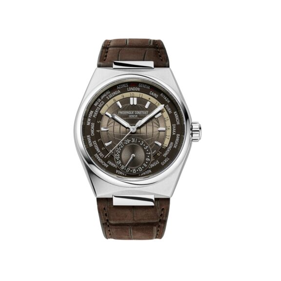 Frederique Constant Highlife Worldtimer Manufacture mit Gehäuse und Band aus Edelstahl und braunem Zifferblatt