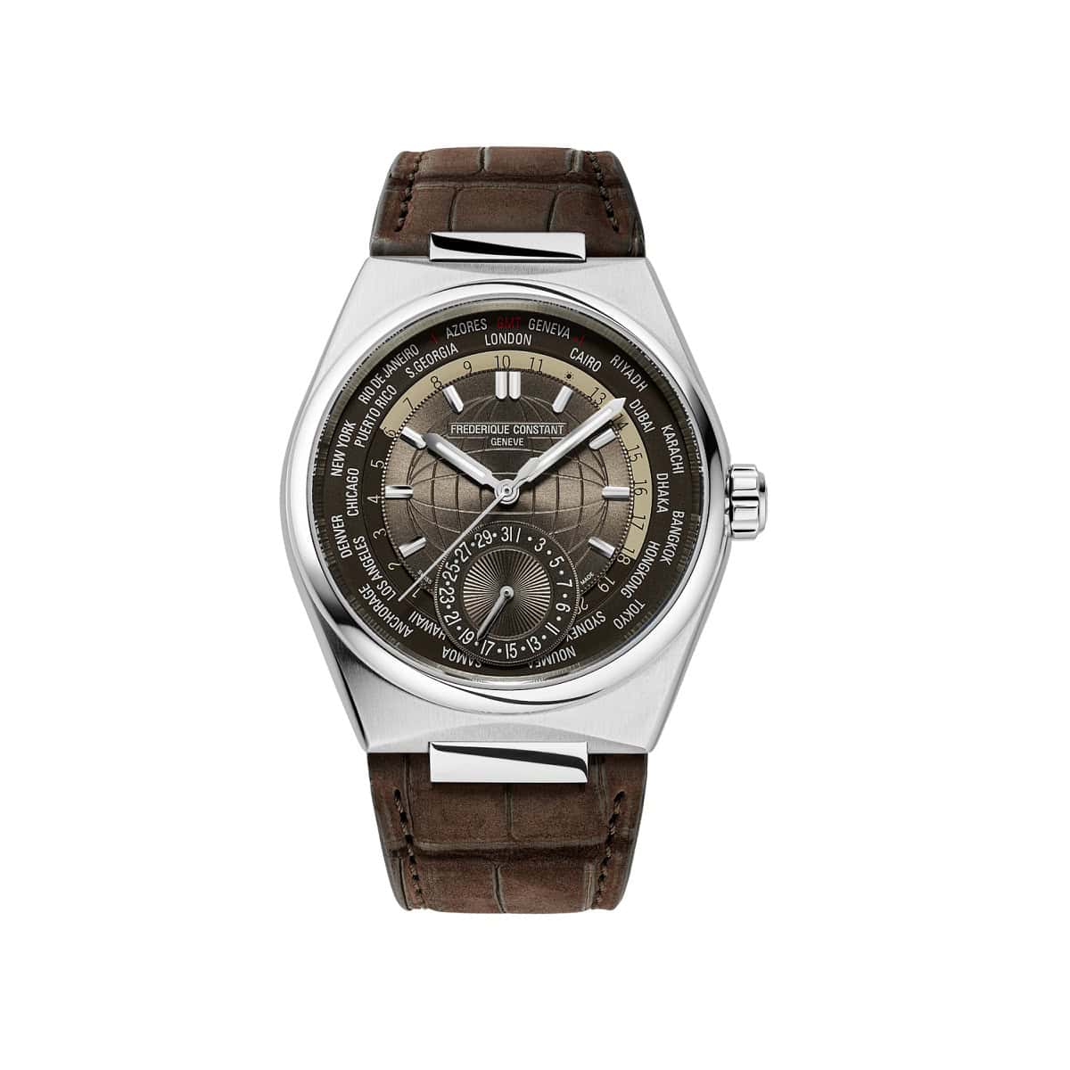 Frederique Constant Highlife Worldtimer Manufacture mit Gehäuse und Band aus Edelstahl und braunem Zifferblatt