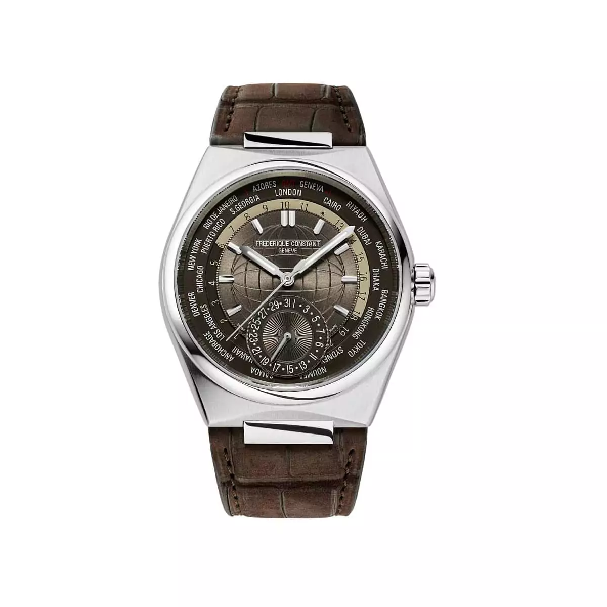 Frederique Constant Highlife Worldtimer Manufacture mit Gehäuse und Band aus Edelstahl und braunem Zifferblatt