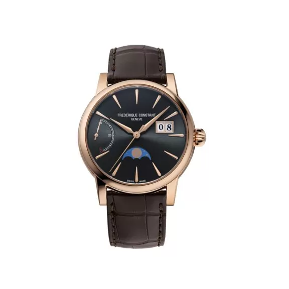 Frederique Constant Manufacture Classic Power Reserve Big Date mit Roségoldgehäuse und Lederband und schwarzem Zifferblatt