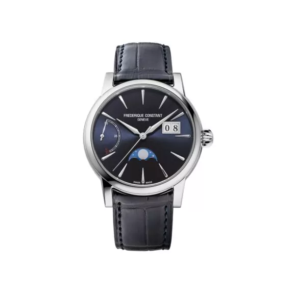 Frederique Constant Manufacture Classic Power Reserve Big Date mit Edelstahlgehäuse und Lederband und blauem Zifferblatt