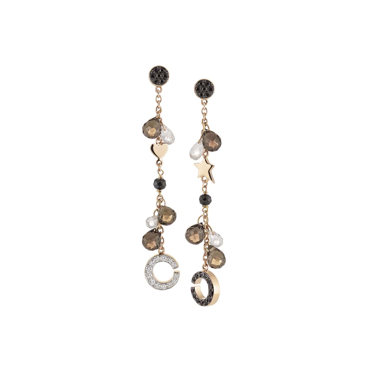 Ohrschmuck Mezzaluna aus Roségold mit Diamanten, Saphir, Topas und Rauchquarz