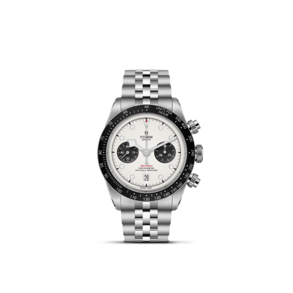 Tudor Black Bay Chrono mit Gehäuse und Band aus Edelstahl und weißem Zifferblatt