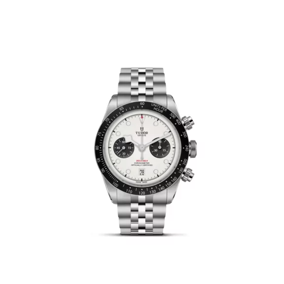 Tudor Black Bay Chrono mit Gehäuse und Band aus Edelstahl und weißem Zifferblatt