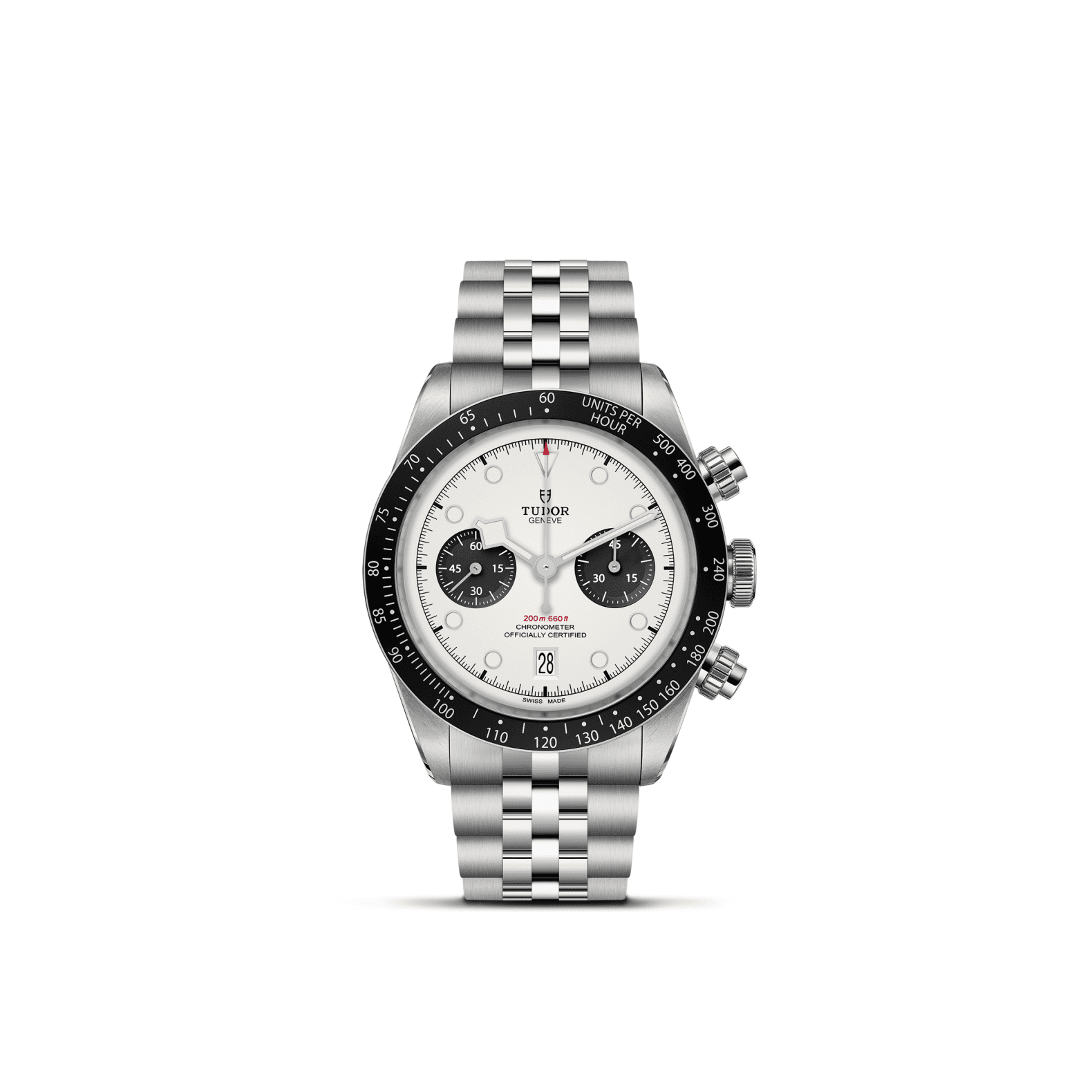 Tudor Black Bay Chrono mit Gehäuse und Band aus Edelstahl und weißem Zifferblatt