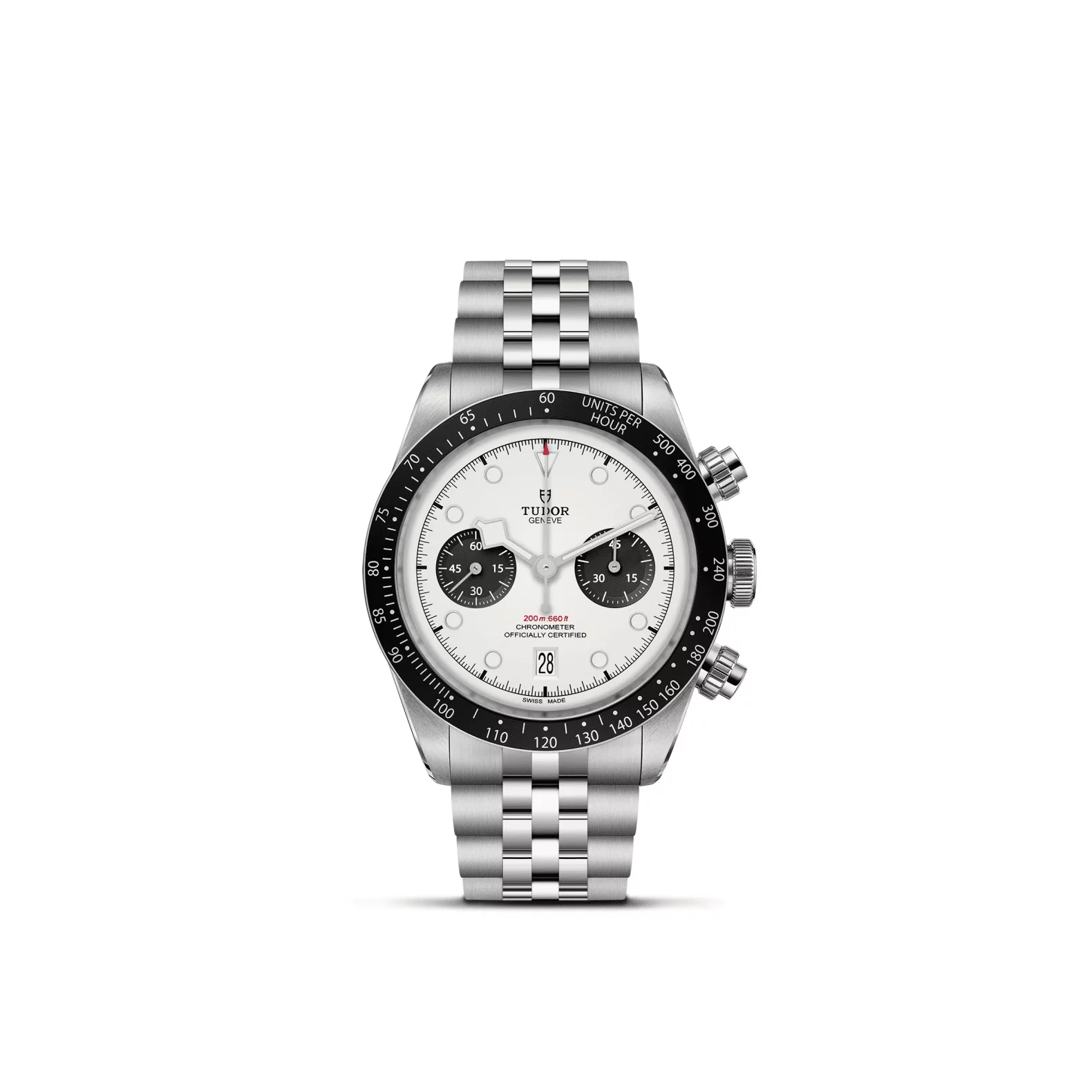 Tudor Black Bay Chrono mit Gehäuse und Band aus Edelstahl und weißem Zifferblatt