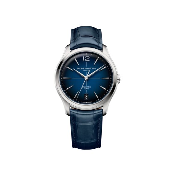 Baume et Mercier Clifton Baumatic mit Gehäuse aus Edelstahl, Lederband und blauem Zifferblatt