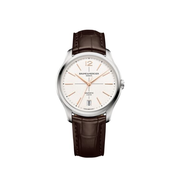 Baume et Mercier Clifton Baumatic mit Gehäuse aus Edelstahl, Lederband und weißem Zifferblatt