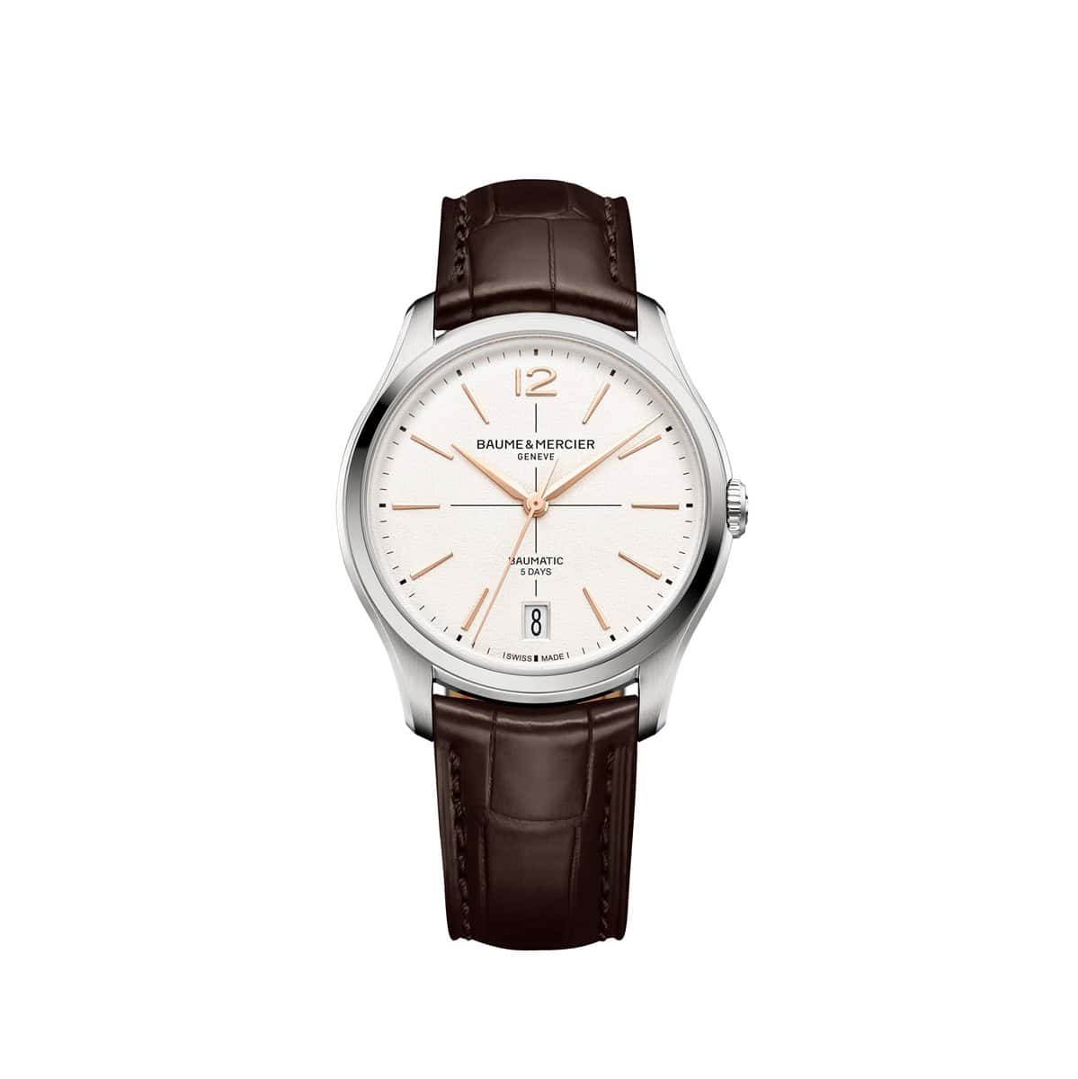 Baume et Mercier Clifton Baumatic mit Gehäuse aus Edelstahl, Lederband und weißem Zifferblatt
