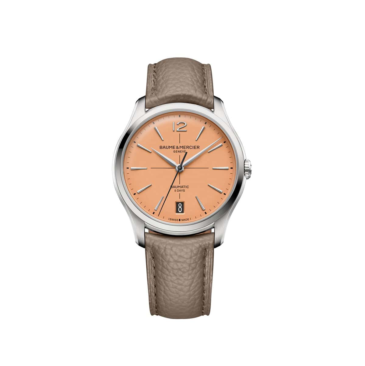 Baume et Mercier Clifton Baumatic mit Gehäuse aus Edelstahl, Lederband und lachsfarbenem Zifferblatt
