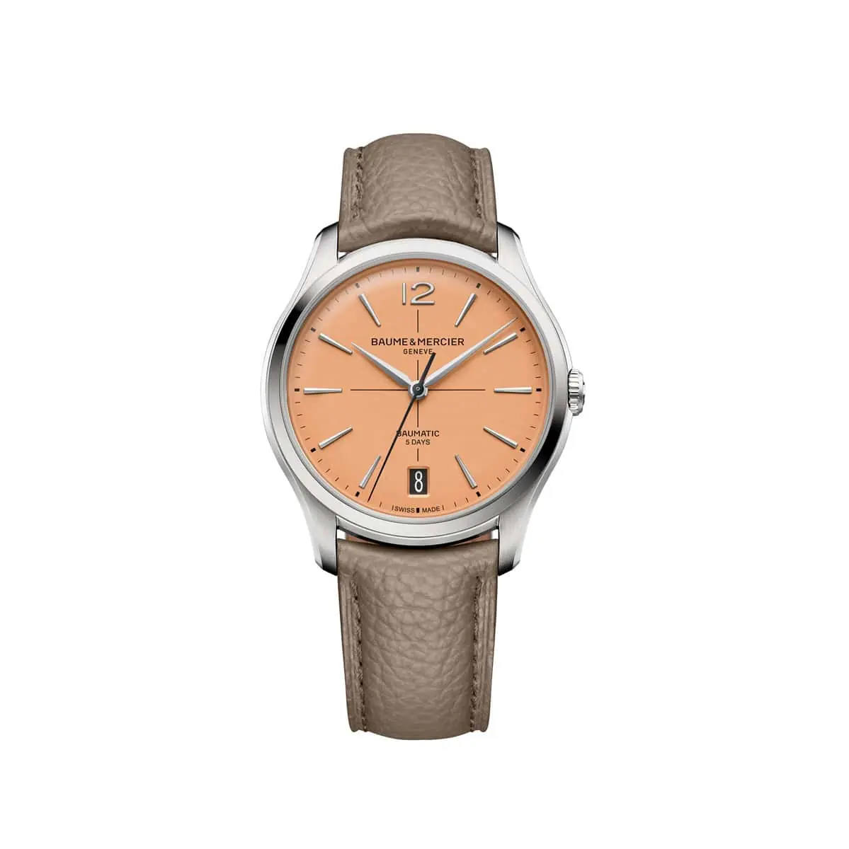 Baume et Mercier Clifton Baumatic mit Gehäuse aus Edelstahl, Lederband und lachsfarbenem Zifferblatt