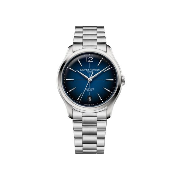 Baume et Mercier Clifton Baumatic mit Gehäuse und Band aus Edelstahl und blauem Zifferblatt