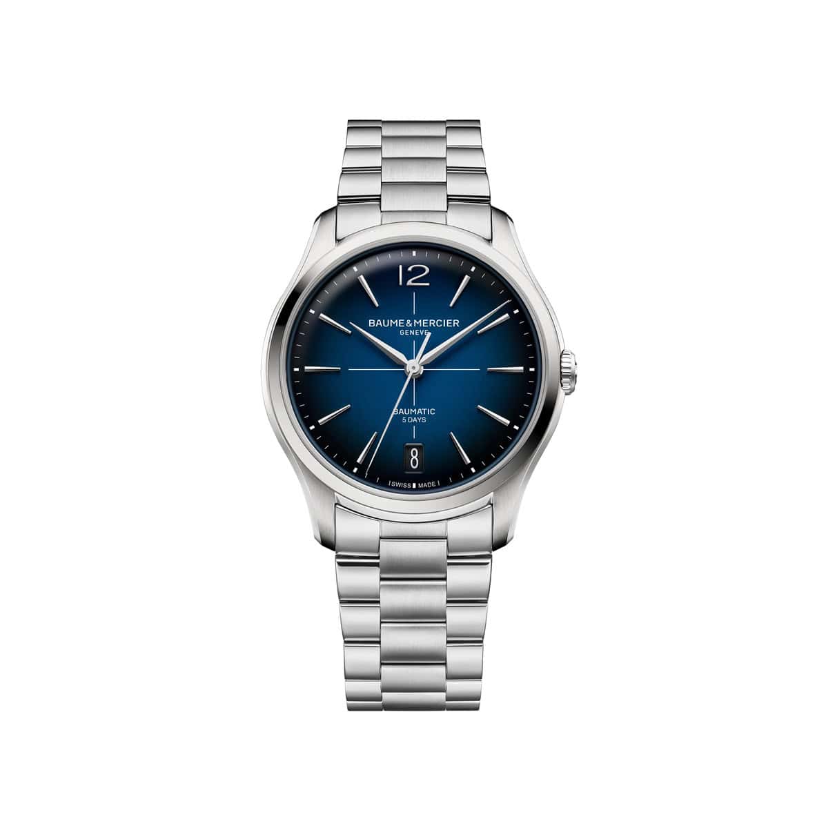 Baume et Mercier Clifton Baumatic mit Gehäuse und Band aus Edelstahl und blauem Zifferblatt