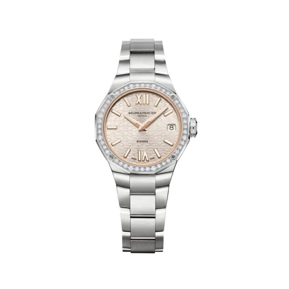 Baume et Mercier Riviera mit Gehäuse und Band aus Edelstahl, Diamantlünette und lila champagnerfarbenem Zifferblatt