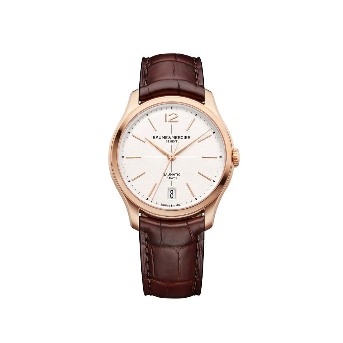 Baume et Mercier Clifton Baumatic mit Gehäuse aus Edelstahl vergoldet, Lederband und weißem Zifferblatt