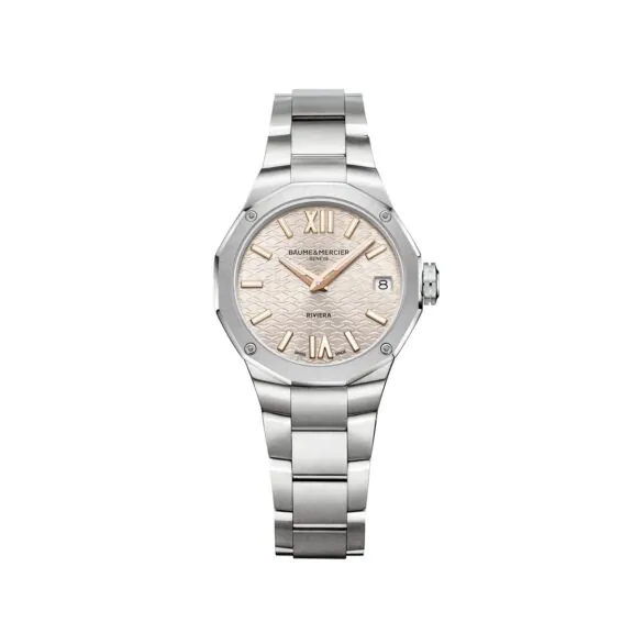 Baume et Mercier Riviera mit Gehäuse und Band aus Edelstahl und lila champagnerfarbenem Zifferblatt