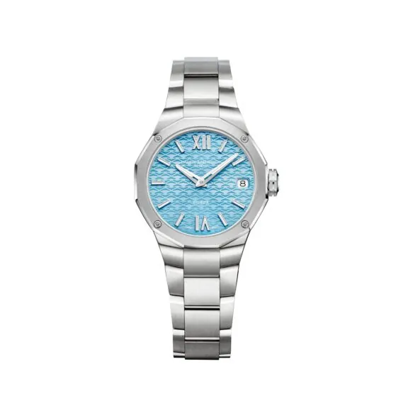 Baume et Mercier Riviera mit Gehäuse und Band aus Edelstahl und lila hellblauem Zifferblatt