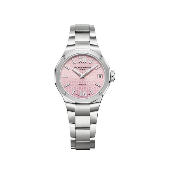 Baume et Mercier Riviera mit Gehäuse und Band aus Edelstahl und lila rosa Zifferblatt