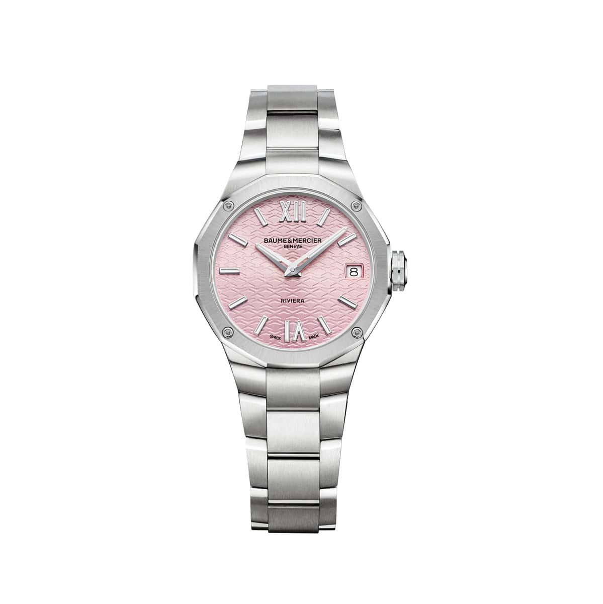 Baume et Mercier Riviera mit Gehäuse und Band aus Edelstahl und lila rosa Zifferblatt
