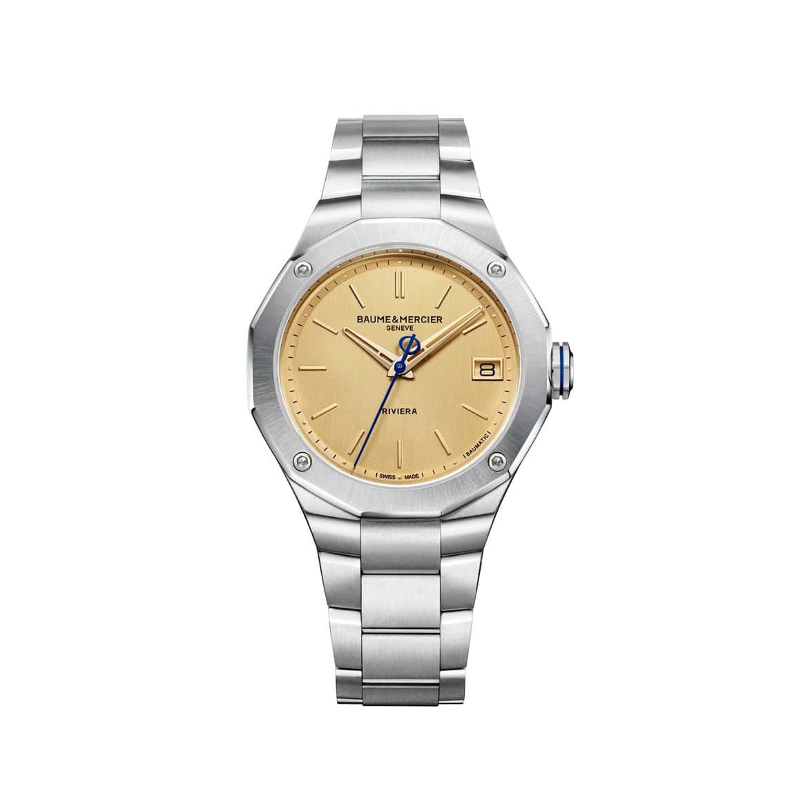 Baume et Mercier Riviera mit Gehäuse und Band aus Edelstahl und goldennem Zifferblatt