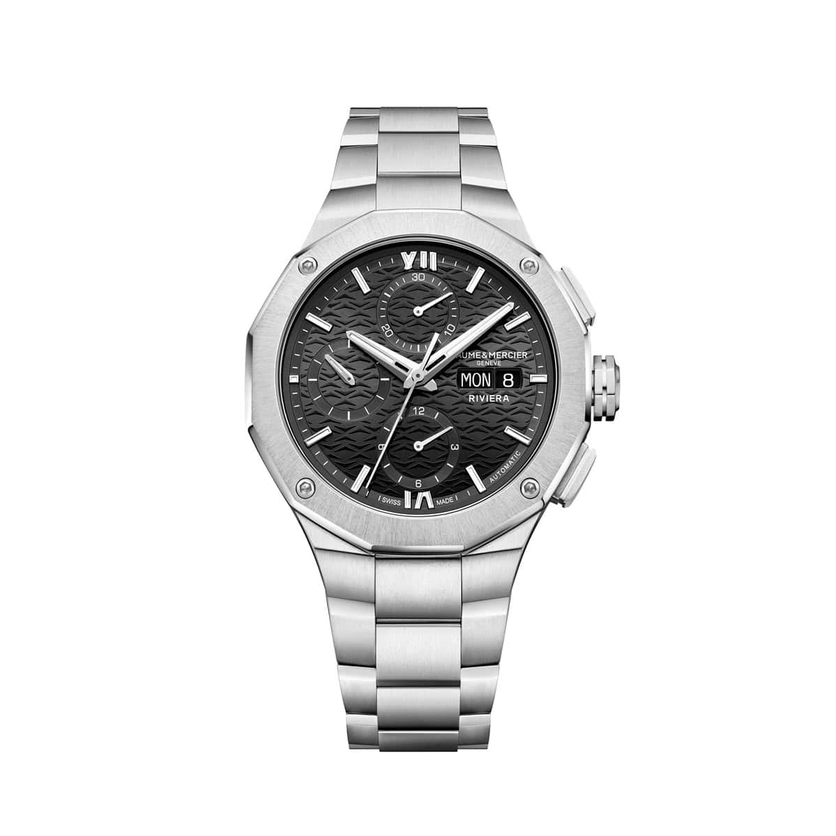 Baume et Mercier Riviera mit Gehäuse und Band aus Edelstahl und schwarzem Zifferblatt