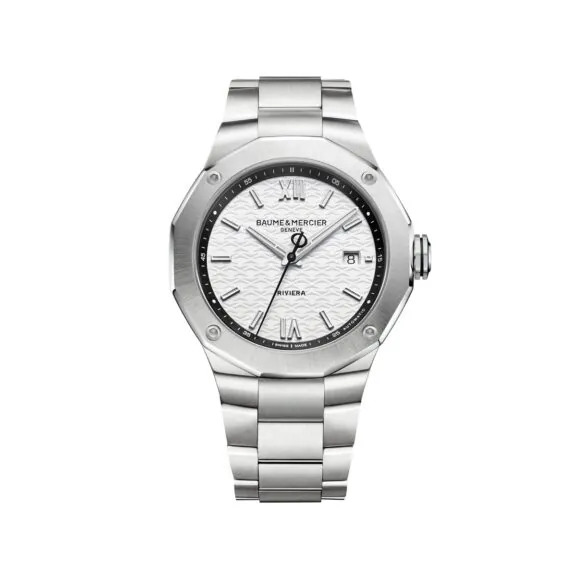 Baume et Mercier Riviera mit Gehäuse und Band aus Edelstahl und weißem Zifferblatt
