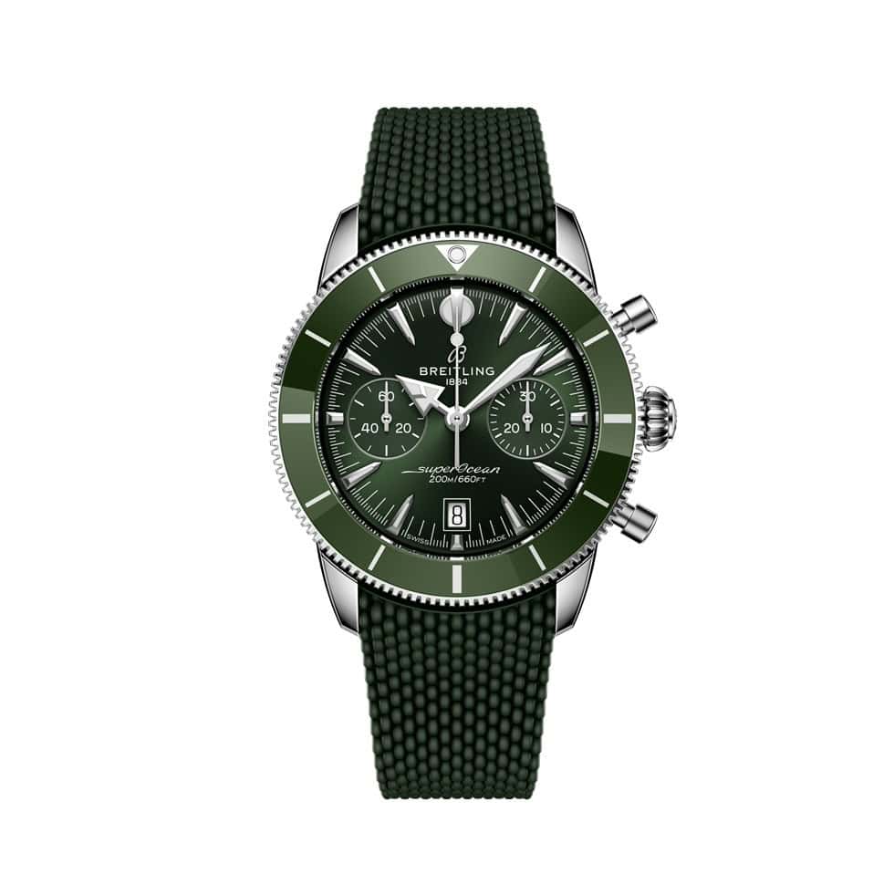 Breitling Superocean Heritage B01 Chrono 42 mit Edelstahlgehäuse, Kautschukband und grünem Zifferblatt