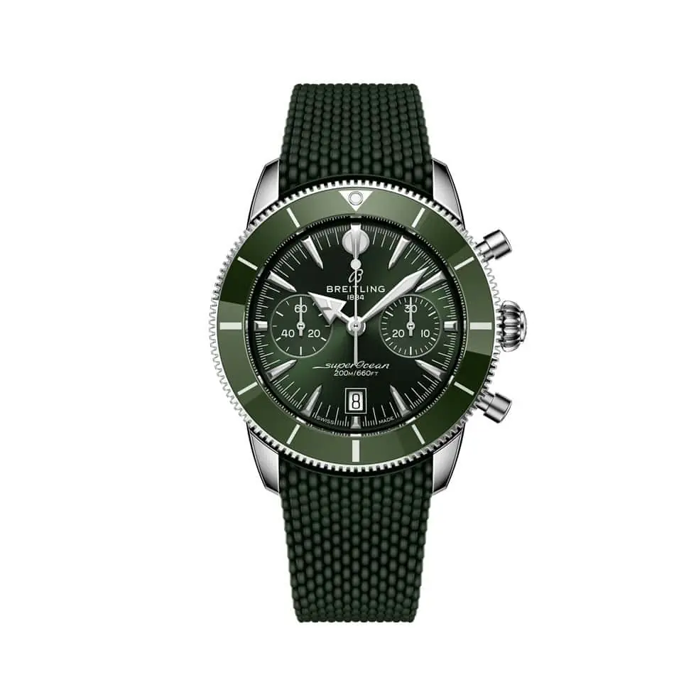 Breitling Superocean Heritage B01 Chrono 42 mit Edelstahlgehäuse, Kautschukband und grünem Zifferblatt