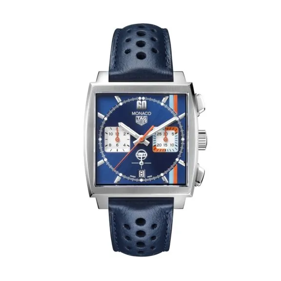 Tag Heuer Monaco Chronograph Gulf mit Edelstahlgehäuse, Lederband und blauem Zifferblatt