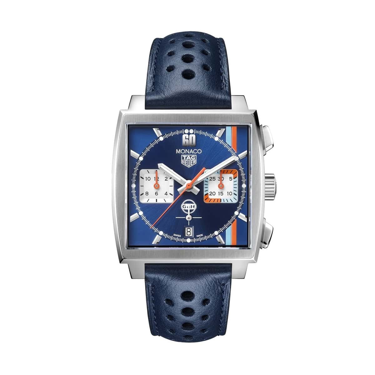 Tag Heuer Monaco Chronograph Gulf mit Edelstahlgehäuse, Lederband und blauem Zifferblatt