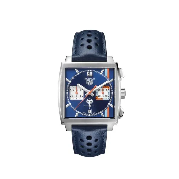 Tag Heuer Monaco Chronograph mit Edelstahlgehäuse, Lederband und blauem Zifferblatt