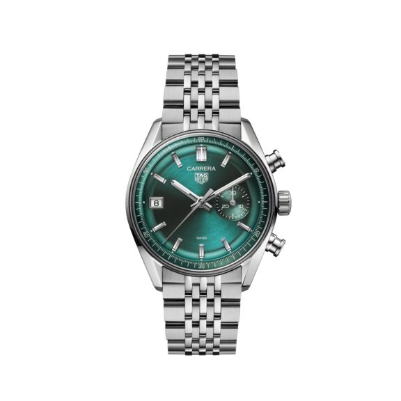 Tag Heuer Carrera Chronograph mit Gehäuse und Band aus Edelstahl und grünem Zifferblatt