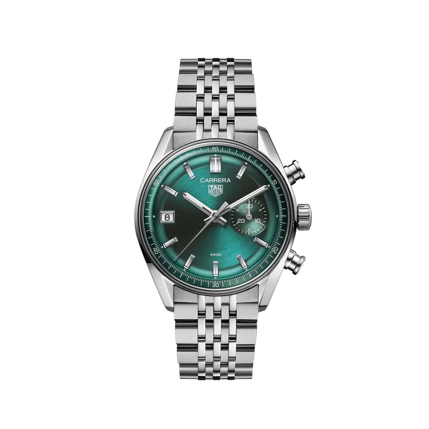 Tag Heuer Carrera Chronograph mit Gehäuse und Band aus Edelstahl und grünem Zifferblatt
