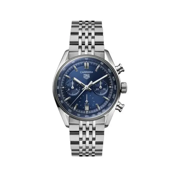 Tag Heuer Carrera Chronograph mit Gehäuse und Band aus Edelstahl und blauem Zifferblatt