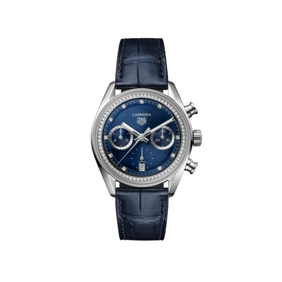 Tag Heuer Carrera Chronograph mit Edelstahlgehäuse, Lederband und blauem Zifferblatt