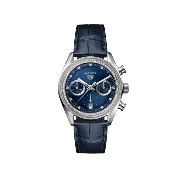 Tag Heuer Carrera Chronograph mit Edelstahlgehäuse, Lederband und blauem Zifferblatt